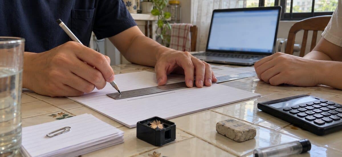 Two hands with a steel ruler and pencil marking a line on paper beside index cards and a calculator on a dining table.
